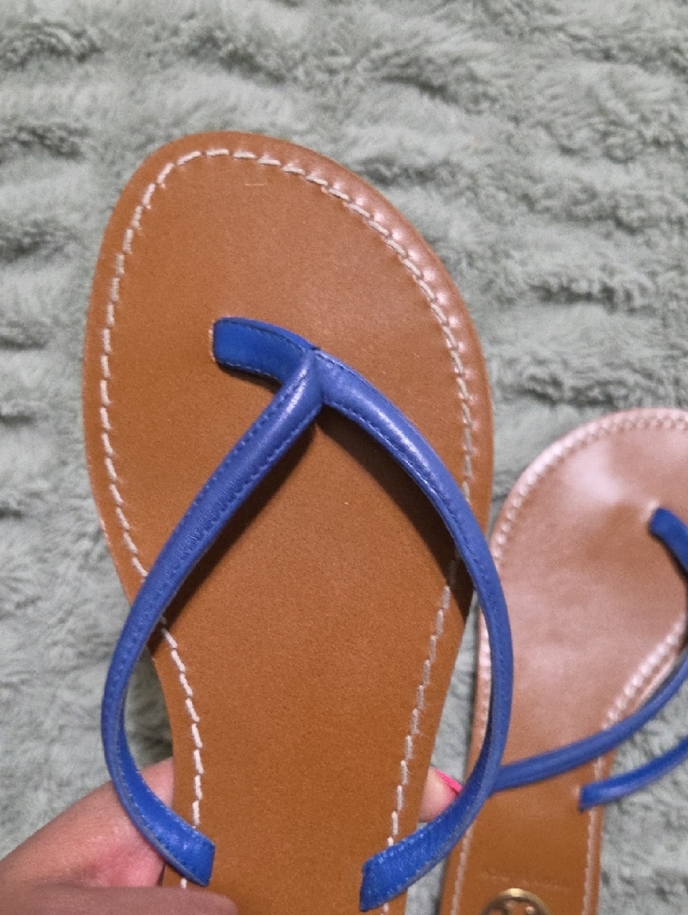 Tory Burch Blue Strap Tan Leather Flip Sandals - Picture 5 of 7